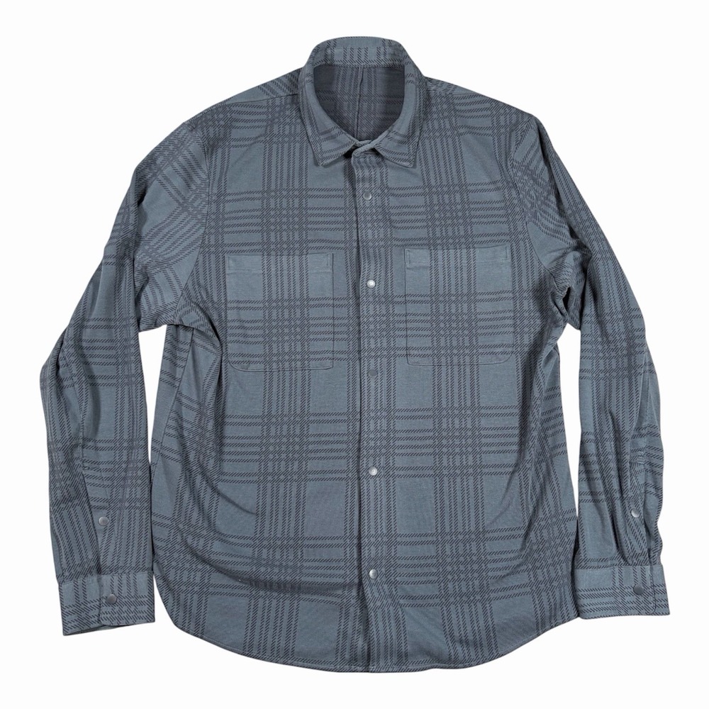 Lululemon Soft Knit Overshirt Mens Large Blue Plaid Snap Button Long Sleeve EUC